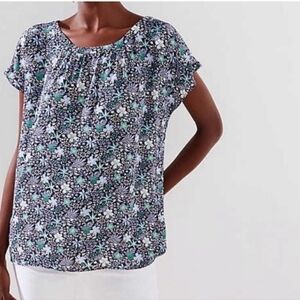 LOFT Blue & Green Floral Leaf Top Size Large